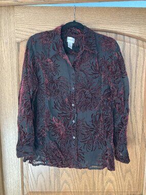 Velvet Burn-Out Blouse/Top, Dark Plum and Black, Semi-Sheer for Layering